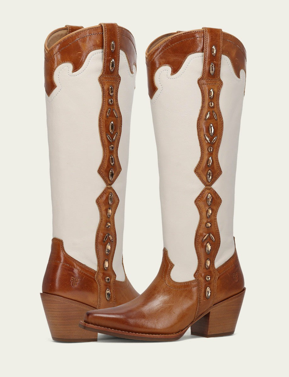Women’s Amber Ivory Leather Laila Tall Rhinestone Boots