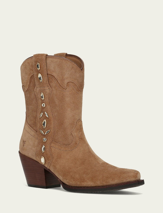 Women’s Almond Suede Leather Laila Short Rhinestone Booties
