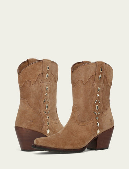 Women’s Almond Suede Leather Laila Short Rhinestone Booties