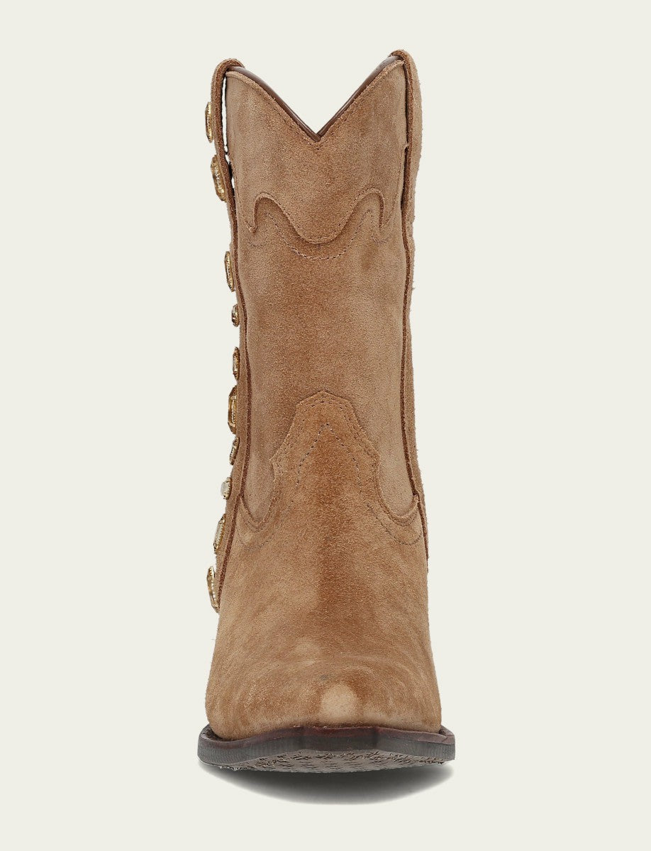 Women’s Almond Suede Leather Laila Short Rhinestone Booties