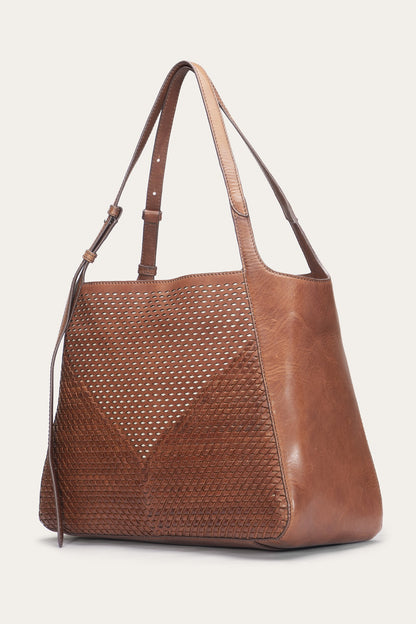 Women's Cognac Woven Perf Leather Tote