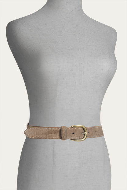 Women's Beige 30mm Suede Belt With Contrast Stitching