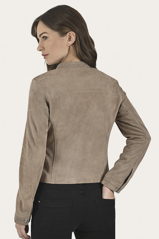 Women’s Taupe Jace Hybrid Biker Racer Suede Jacket