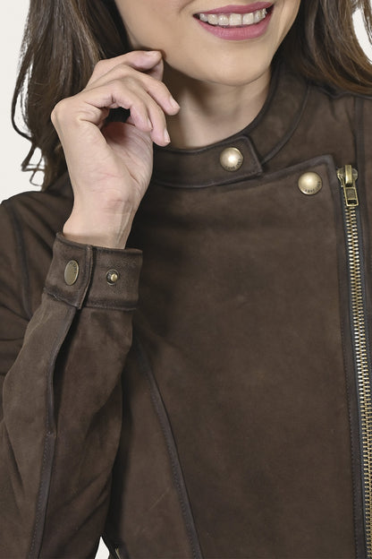 Women’s Dark Brown Cassidy Aged Lamb Leather Biker Jacket