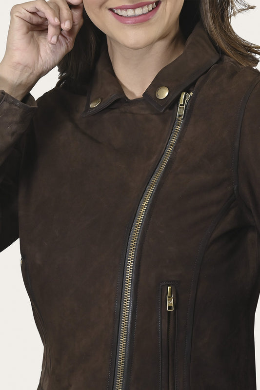 Women’s Dark Brown Clive Elegant Suede Biker Jacket