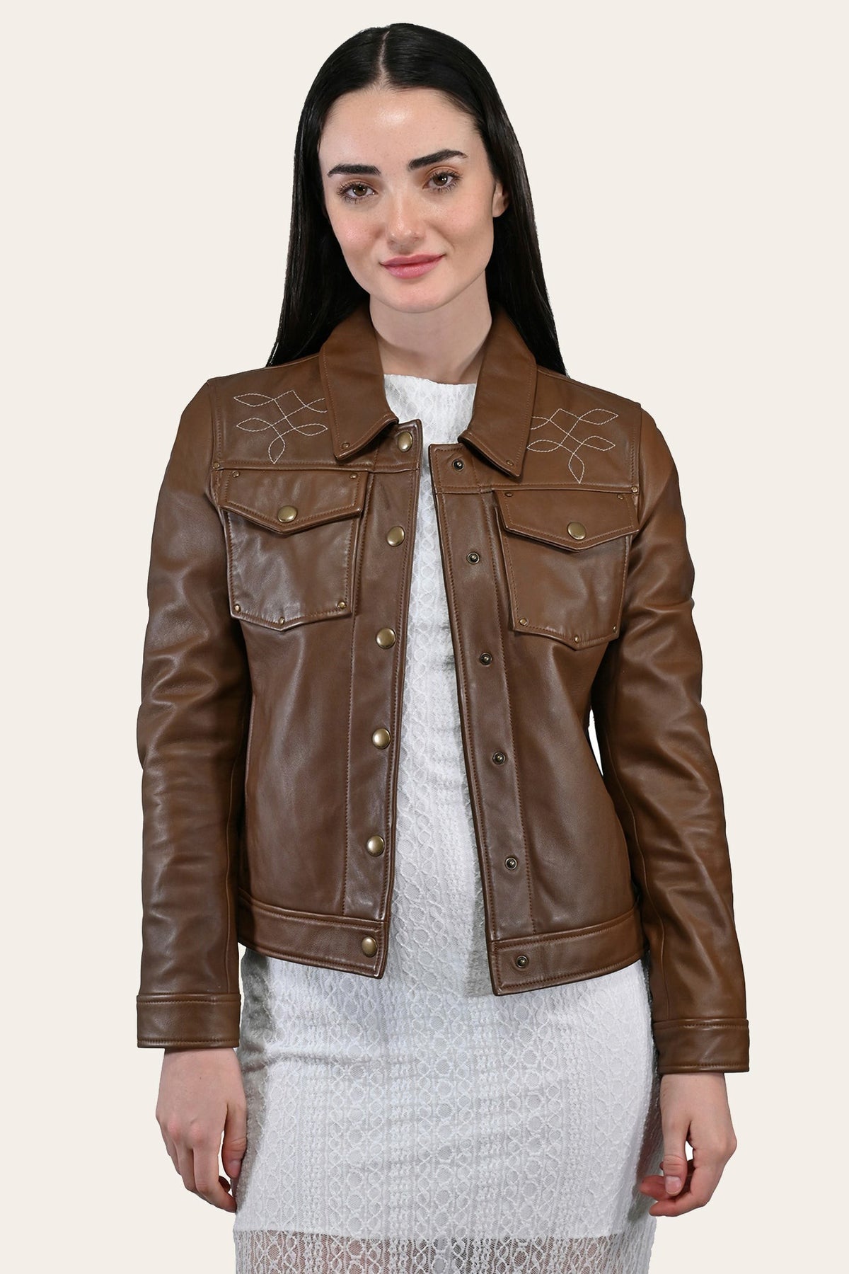 Women’s Medium Brown Callum Trucker Leather Jacket