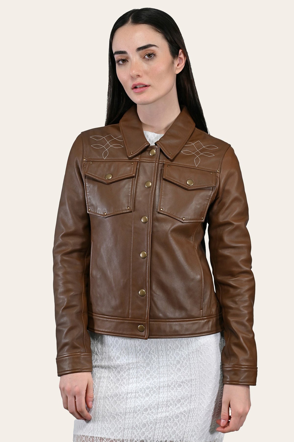 Women’s Medium Brown Callum Trucker Leather Jacket