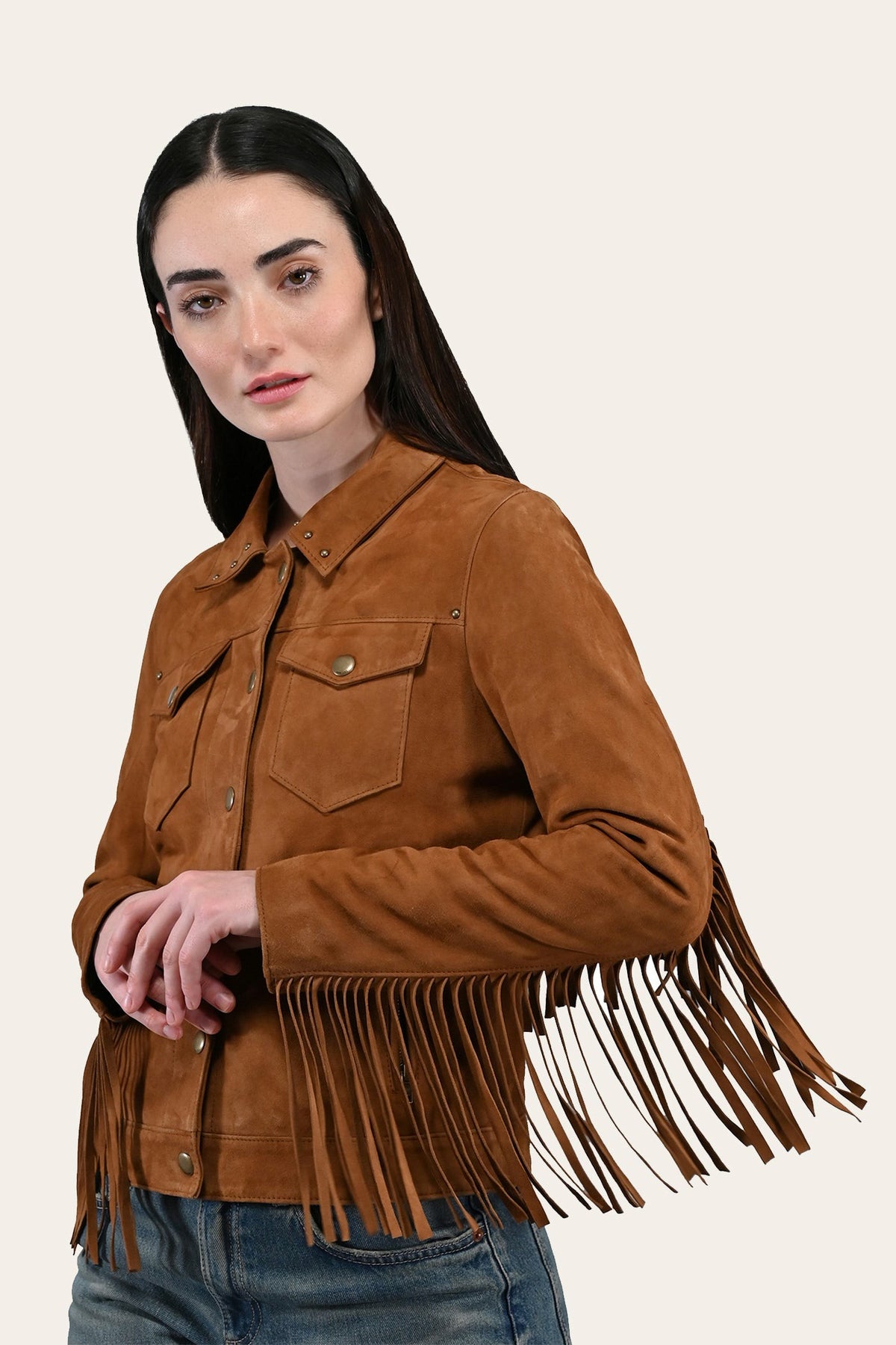 Women’s Medium Brown Nash Fringed Suede Trucker Jacket