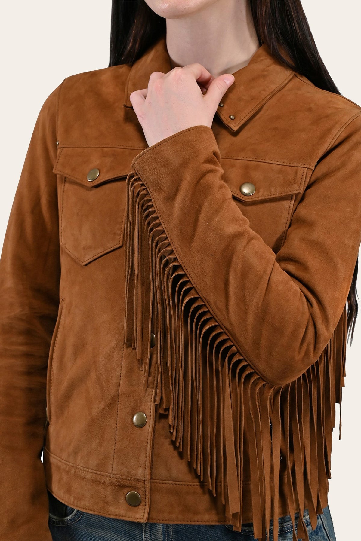 Women’s Medium Brown Nash Fringed Suede Trucker Jacket