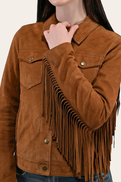Women’s Medium Brown Nash Fringed Suede Trucker Jacket