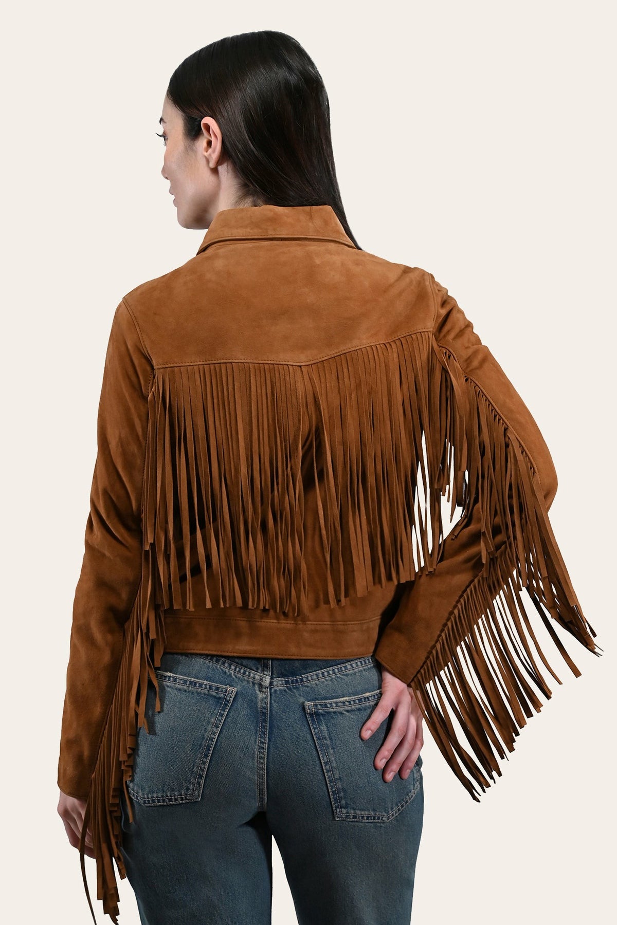 Women’s Medium Brown Nash Fringed Suede Trucker Jacket