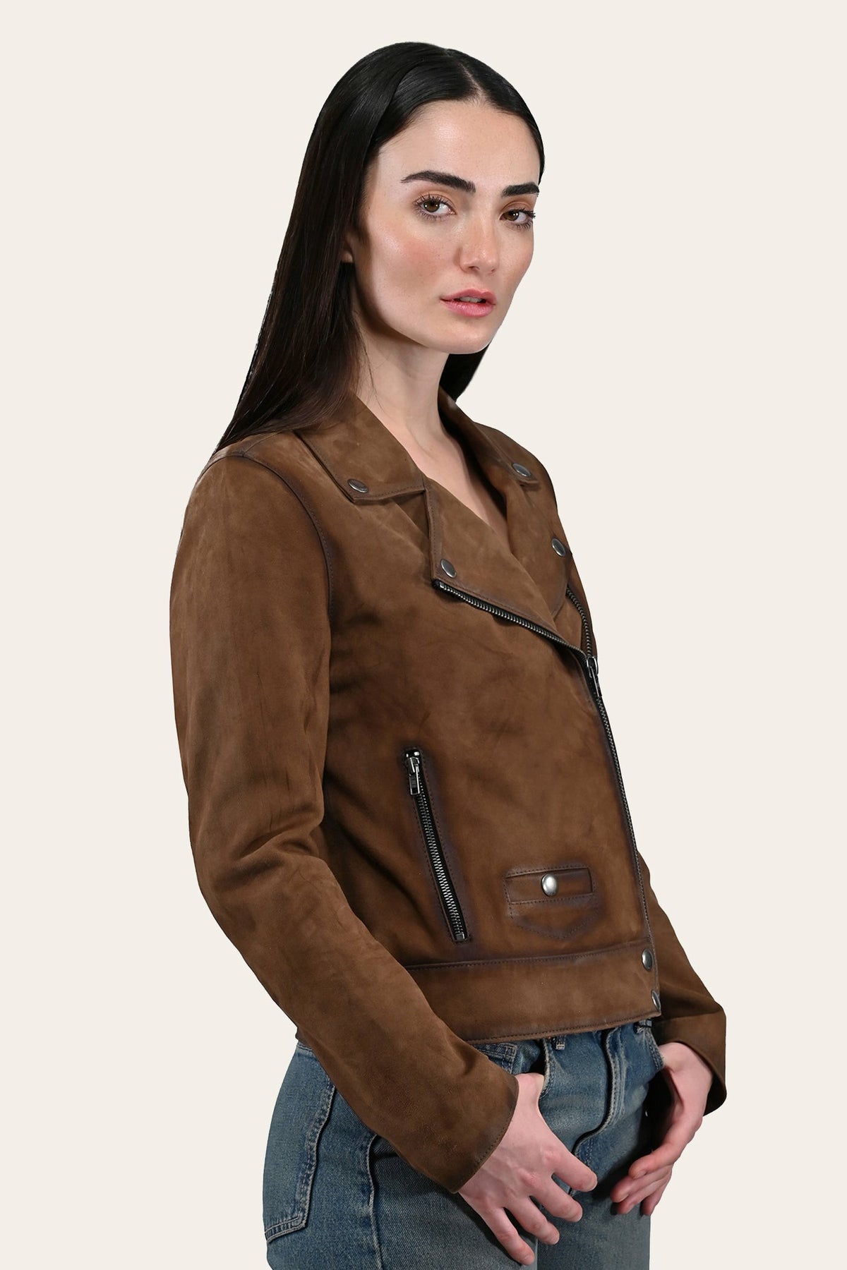 Women’s Dark Taupe Oakley Vintage Suede Biker Jacket