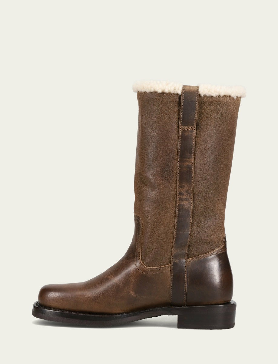Women's Dark Taupe Campus Low Heel Mid Shearling Boot