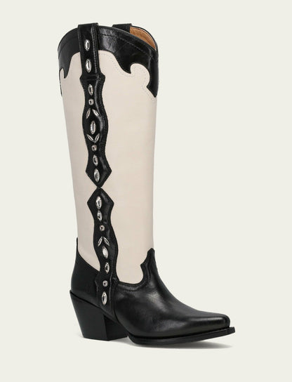 Women’s Black/Ivory Leather Laila Tall Rhinestone Boots