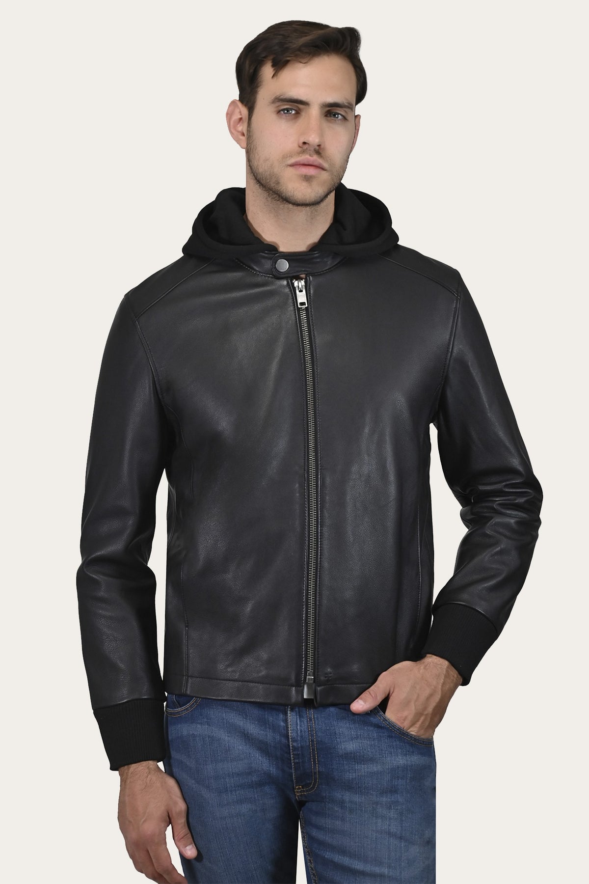 Men’s Black Saddle Racer Leather Hooded Jacket