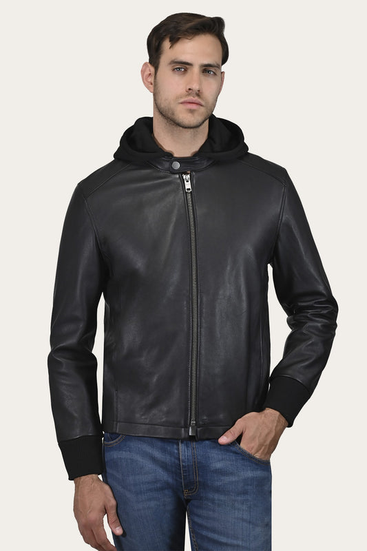 Men’s Black Saddle Racer Leather Hooded Jacket