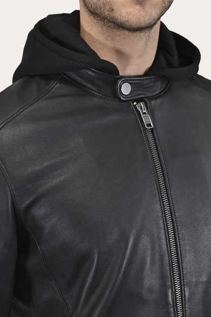 Men’s Black Saddle Racer Leather Hooded Jacket