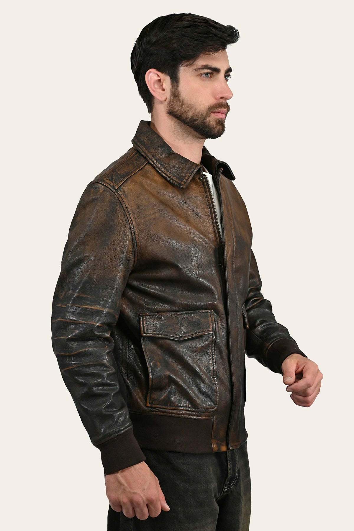 Men’s Brown Beige Nebraska Bomber Leather Jacket