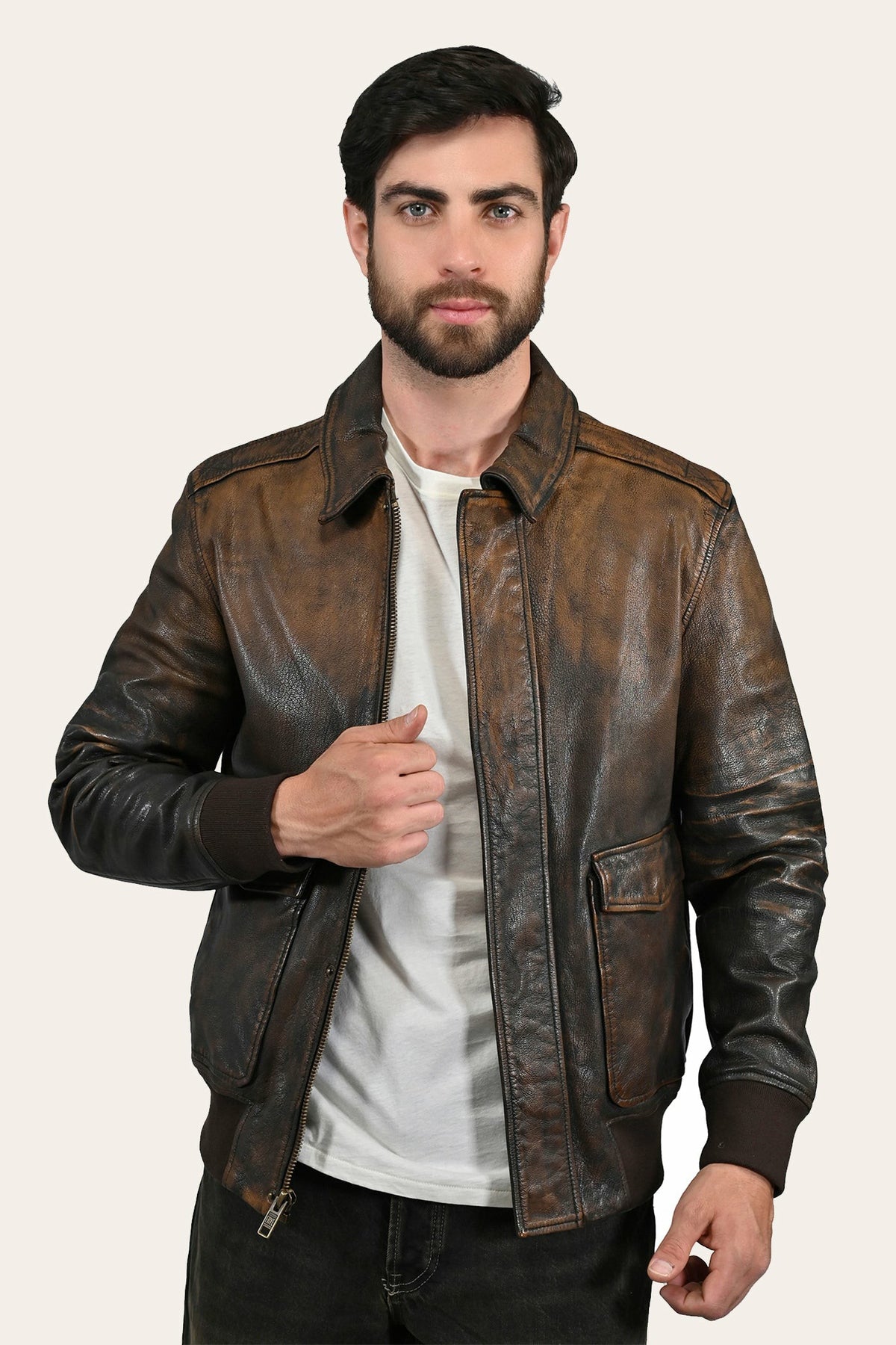 Men’s Brown Beige Nebraska Bomber Leather Jacket